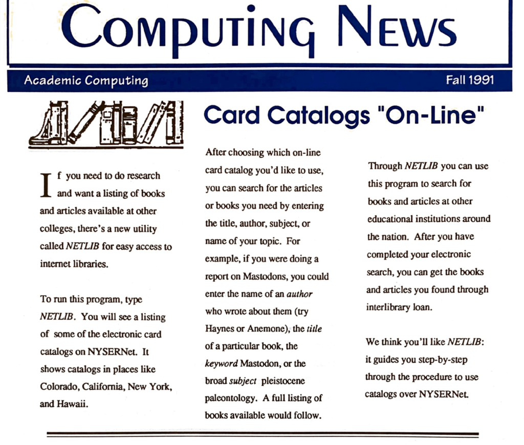 Geneseo Computing News Newsletter Article Card Catalogs Online 1991