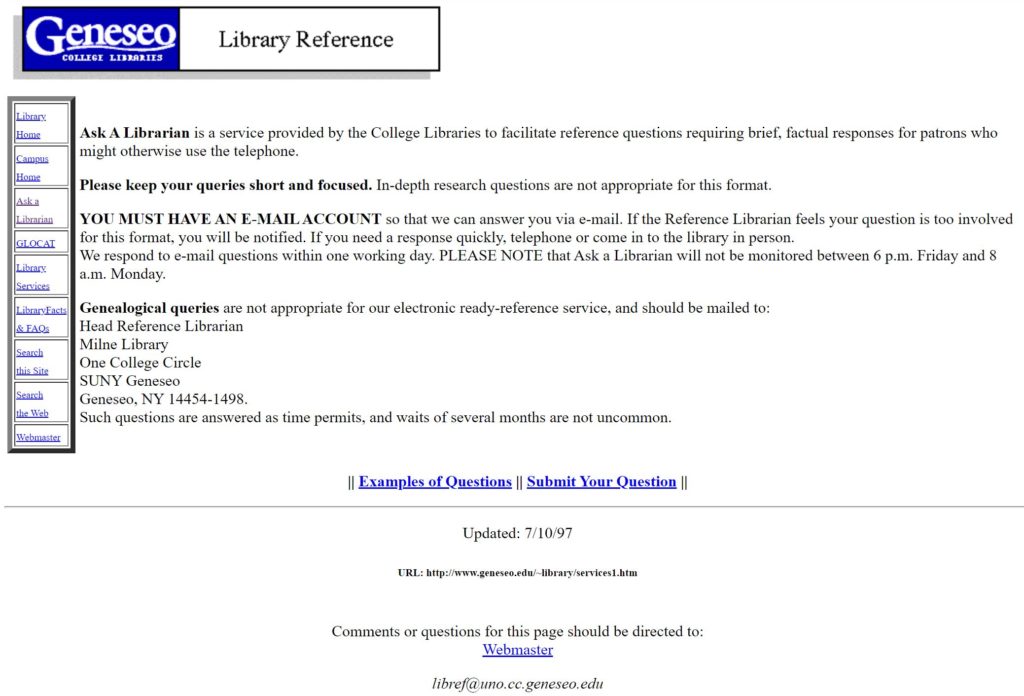 Geneseo College Library Website as it appeared in1997