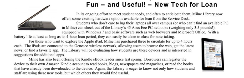 Milne Library Infobits Fall 2010 Technology for Loan