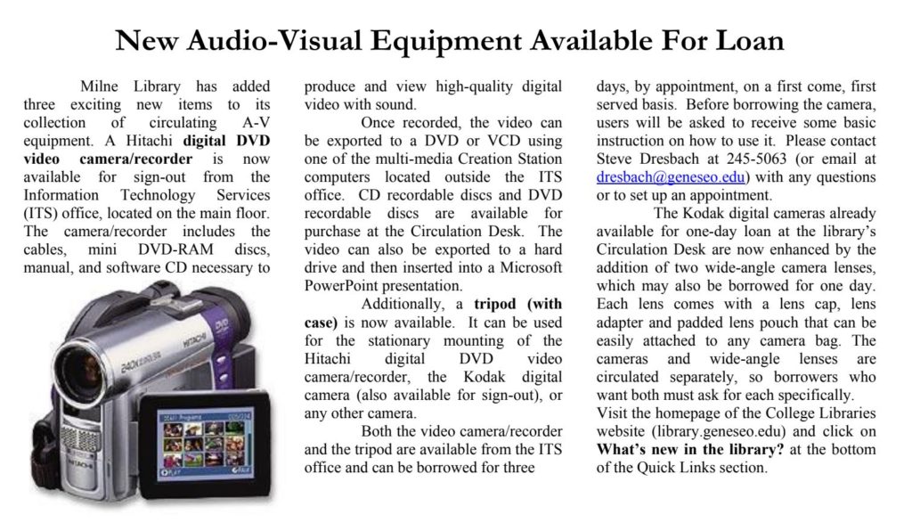 Infobits Newsletter Audio Visual Technology at Milne Library 2004