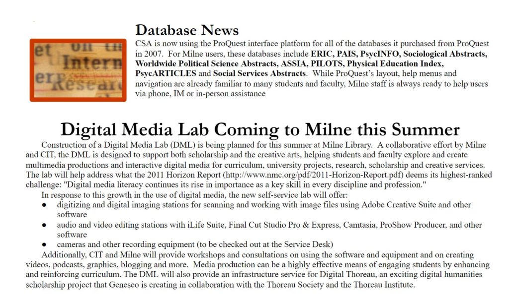 Spring 2011 – Digital Media Lab (DLM) plans; ERIC and PsycINFO added to Milne Library Databases