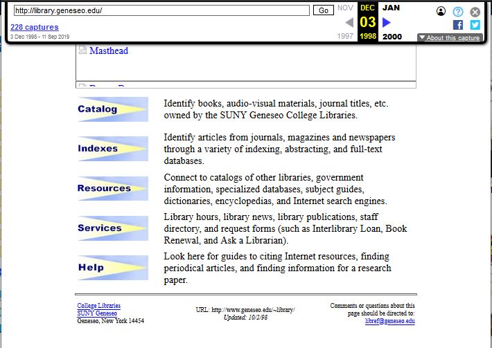 Geneseo College Libraries website December 1998