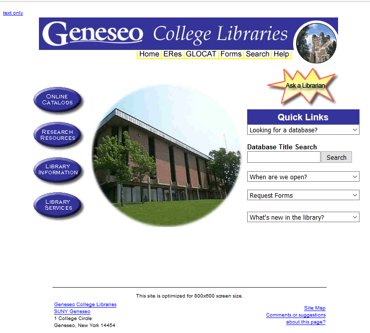 Geneseo College Libraries website 2001