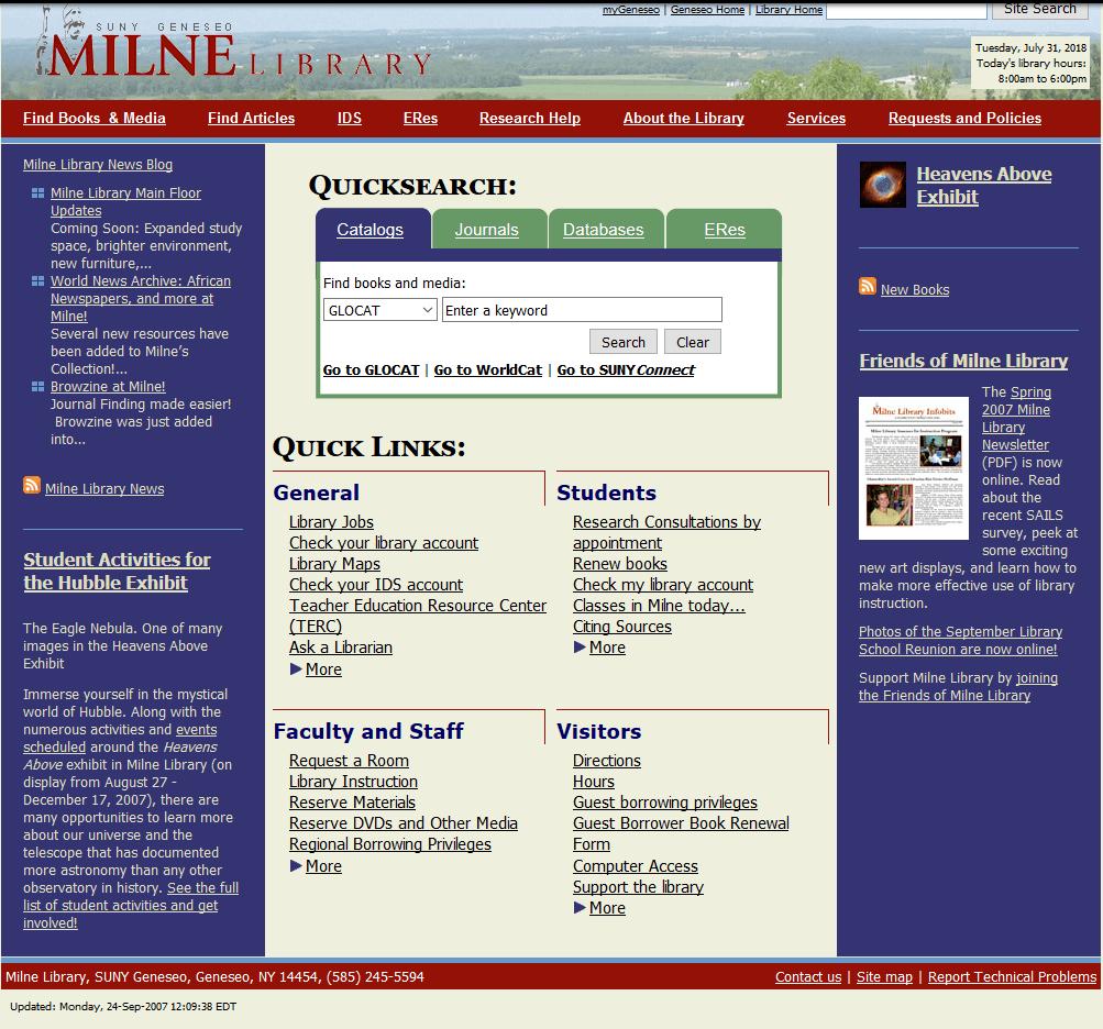 Milne Library Website September 2007