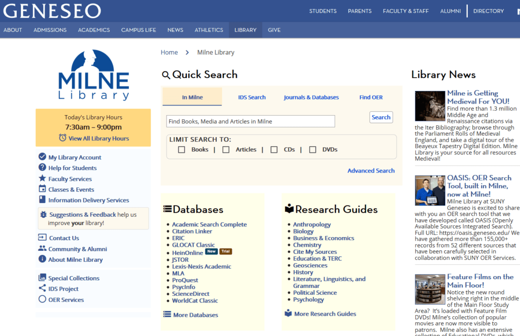 2017 – Milne Library Website Redesign and Redevelopment